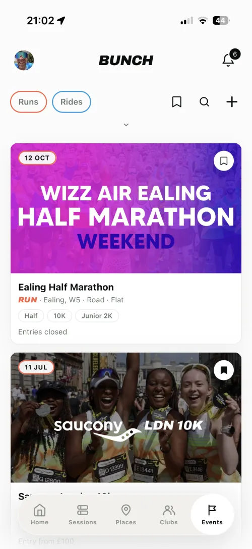 The Events tab, with races coming up nearby