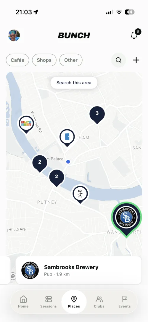 The Places map, with cafés, shops and meeting points